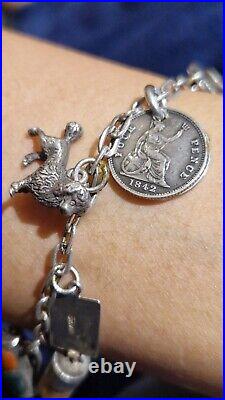 Antique Victorian Silver Charm Bracelet Coins Pendants Tea Pots Poodle