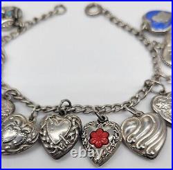 Antique Victorian Sterling Puffy Heart Charm Bracelet Enamel Locket Glass