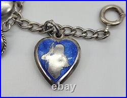 Antique Victorian Sterling Puffy Heart Charm Bracelet Enamel Locket Glass