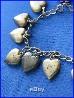 Antique Victorian Sterling Silver 13 Hearts Inscribed Charm Bracelet