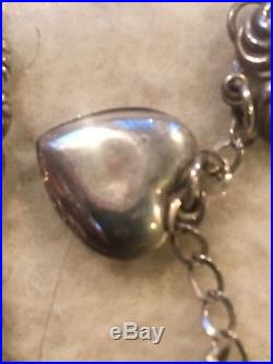 Antique Victorian Sterling Silver 28 PUFFY HEARTS Heart CHARM & Enamel BRACELET