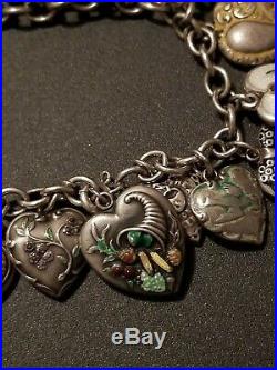 Antique Victorian Sterling Silver 925 Puffy Heart 18 Charms Bracelet Enameled