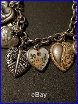 Antique Victorian Sterling Silver 925 Puffy Heart 18 Charms Bracelet Enameled