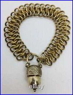 Antique Victorian Sterling Silver Gold Vermeil Link Acorn Padlock Charm Bracelet