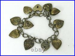 Antique Victorian Sterling Silver Puffy Heart Charm Ladies Bracelet 24.6g B55