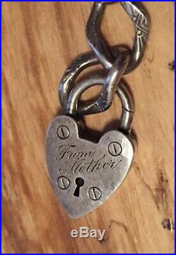 Antique Victorian Sterling Silver Puffy Heart Enamel Charm Bracelet & Heart Lock