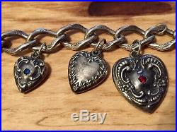 Antique Victorian Sterling Silver Puffy Heart Enamel Charm Bracelet & Heart Lock
