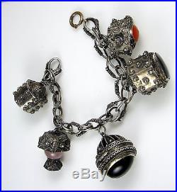 Antique Vintage Etruscan 800 Silver Onyz Quartz Fob 5 Charm One Opens! Bracelet