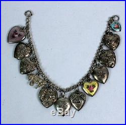 Antique Vintage Sterling Silver Heart Charm Bracelet Guilloche Forget Me Not
