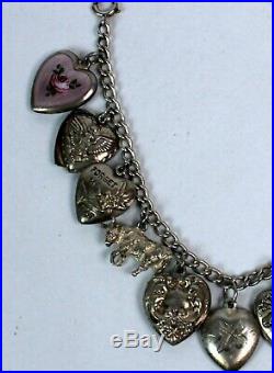Antique Vintage Sterling Silver Heart Charm Bracelet Guilloche Forget Me Not