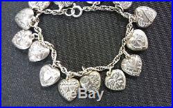 Antique Vintage Sterling Silver Puffy Heart Charm Bracelet 14 Charms