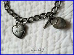 Antique Vintage Sterling Silver Puffy Heart Charm Bracelet 7.5 Heart Lock