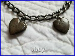 Antique Vintage Sterling Silver Puffy Heart Charm Bracelet 7.5 Heart Lock