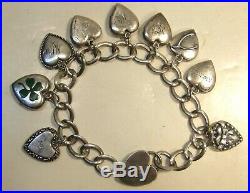 Antique Vintage Sterling Silver Puffy Heart Charm Bracelet 9 Charms Heart Catch