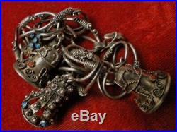 Antique Vtg 800 SILVER Peruzzi ETRUSCAN Fobs CORAL TURQUOISE Charms FOB BRACELET