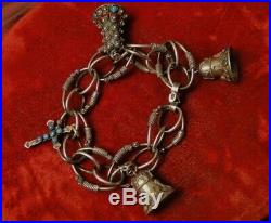 Antique Vtg 800 SILVER Peruzzi ETRUSCAN Fobs CORAL TURQUOISE Charms FOB BRACELET