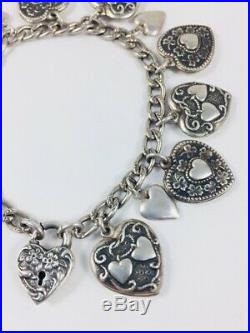 Antique Walter Lampl Puffy Heart Sterling Silver Charm Bracelet Signed Wl