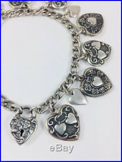 Antique Walter Lampl Puffy Heart Sterling Silver Charm Bracelet Signed Wl
