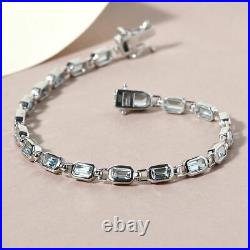 Aquamarine Tennis Bracelet with Fancy Clasp in Platinum Over Silver Size 7.5