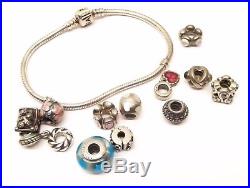 Auth Sterling Silver Pandora 12 Charm Bracelet Lot Bead Sapphire Peridot Enamel