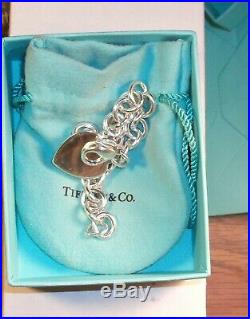 Auth Tiffany & Co Sterling Silver Blank Heart Tag Charm Bracelet with Box & Bag