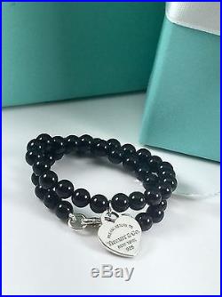 Auth Tiffany & Co Sterling Silver Mini Onyx Bead Bracelet with heart Charm 7 L