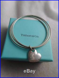 Authentc Tiffany & Co Sterling Silver Heart Charm Triple Bangle Bracelet