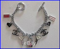 Authentic Chanel Silver Tone Charms CC Logo Toggle Bracelet