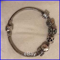 Authentic Genuine Pandora Barrel Clasp Bracelet, Sterling Silver with 6 charms