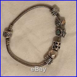 Authentic Genuine Pandora Barrel Clasp Bracelet, Sterling Silver with 6 charms