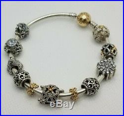 Authentic Gold Silver Pandora Bangle Bracelet G585 ALE925 Size 7.5 11 Charms