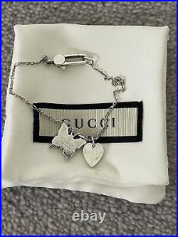 Authentic Gucci Bracelet 925 Sterling Silver Butterfly Heart Charm Logo 18cm