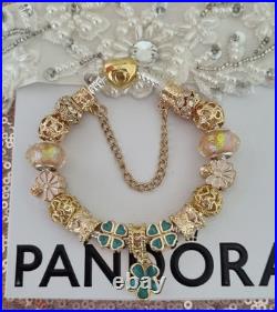 Authentic PANDORA Bracelet Gold Heart Clasp+ Gold Charms 19 cms +PANDORA BOX