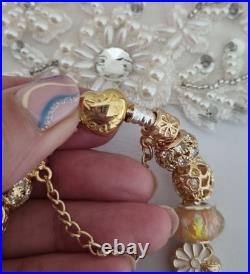 Authentic PANDORA Bracelet Gold Heart Clasp+ Gold Charms 19 cms +PANDORA BOX