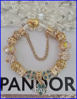 Authentic PANDORA Bracelet Gold Heart Clasp+ Gold Charms 19 cms +PANDORA BOX