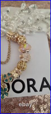 Authentic PANDORA Bracelet Gold Heart Clasp+ Gold Charms 19 cms +PANDORA BOX