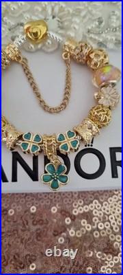 Authentic PANDORA Bracelet Gold Heart Clasp+ Gold Charms 19 cms +PANDORA BOX