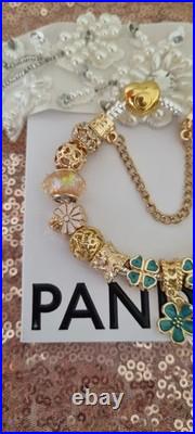 Authentic PANDORA Bracelet Gold Heart Clasp+ Gold Charms 19 cms +PANDORA BOX