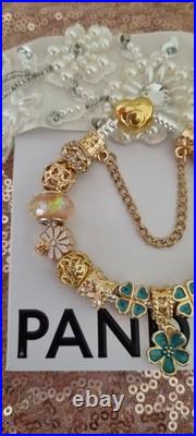 Authentic PANDORA Bracelet Gold Heart Clasp+ Gold Charms 19 cms +PANDORA BOX