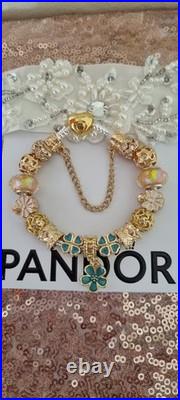 Authentic PANDORA Bracelet Gold Heart Clasp+ Gold Charms 19 cms +PANDORA BOX