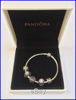 Authentic PANDORA Sterling Silver 7.5 Bracelet, Clips & Charms withBox