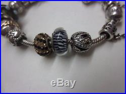 Authentic PANDORA Sterling Silver Charm Bracelet with (10) Pandora Charms