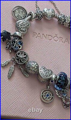 Authentic Pandora 21cm Bracelet With 21 Pandora Charms, Clips & Safety Chain
