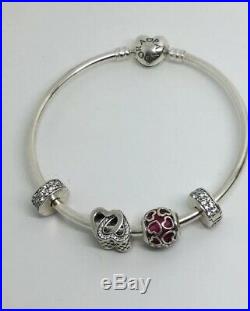 Authentic Pandora ALE Moments Silver Bangle Bracelet Heart Clasp With Charms