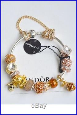 Authentic Pandora Bangle S Silver Bracelet Rose Gold Bee Honey Shine Tone Charms