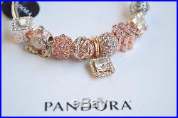 Authentic Pandora Bangle Sterling Silver Bracelet & Rose Gold Tone Charm In Box