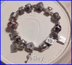 Authentic Pandora Barrel Clasp Bracelet 14k Gold 14 Charms Beads Dangle 925 ALE