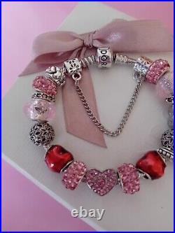 Authentic Pandora Bracelet With Pink & Red Charms 19 cm +Pandora Box