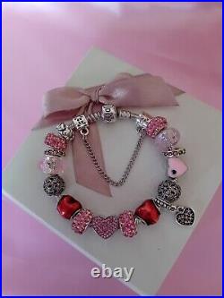 Authentic Pandora Bracelet With Pink & Red Charms 19 cm +Pandora Box