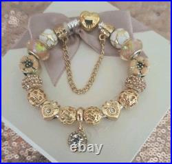 Authentic Pandora Bracelet with Gold Heart 19 cms & Gold Charms + Pandora Box Authentic Pandora Bracelet with Gold Heart 19 cms & Gold Charms + Pandora Box